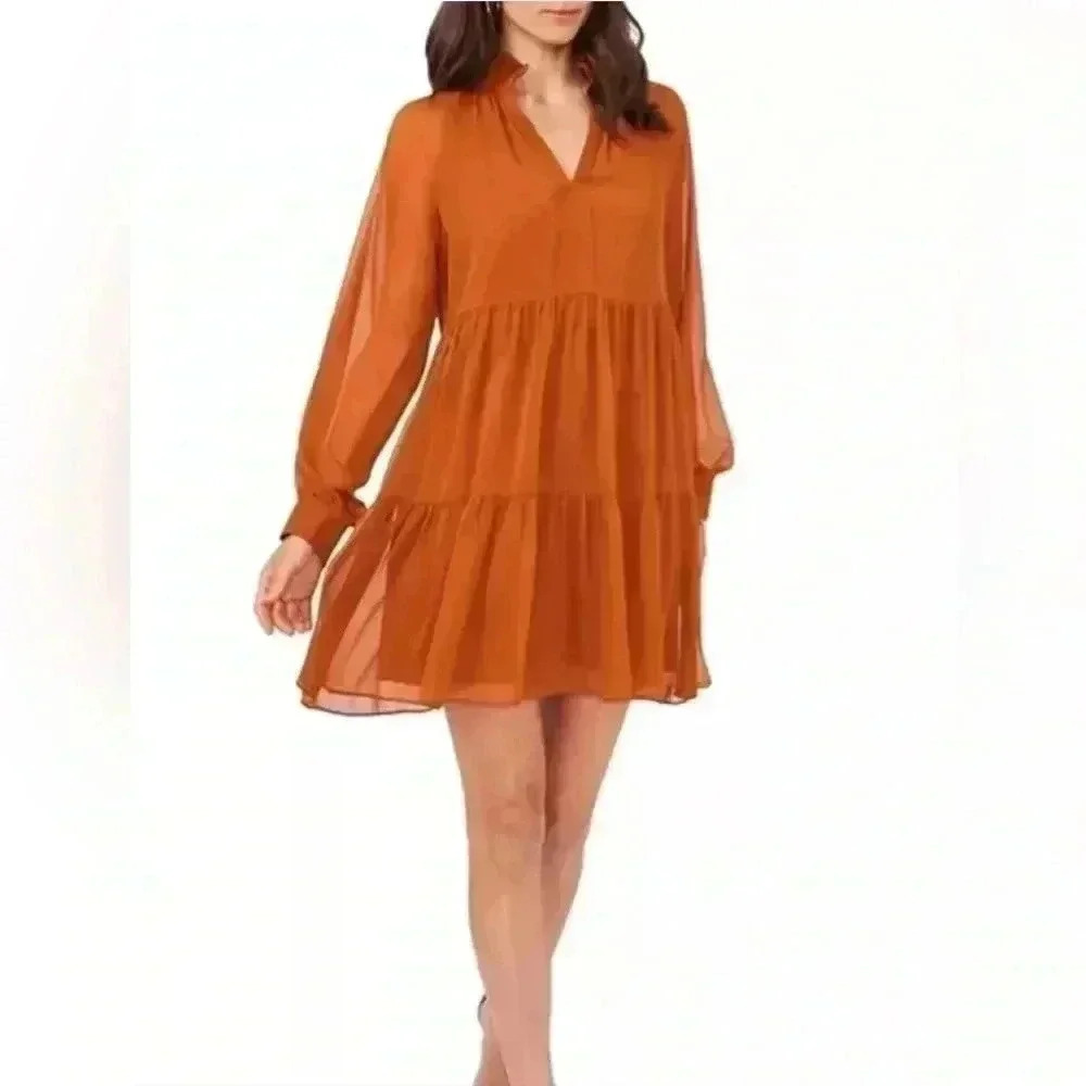1 STATE Long Sleeve V-Neck Chiffon Babydoll Tiered Dress in Pumpkin Spice Size M